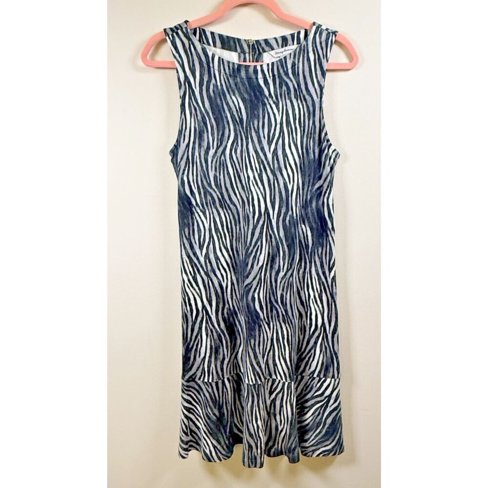 Tommy Bahama Black White Animal Print Shift Dress Sleeveless Ruffle Hem - S
